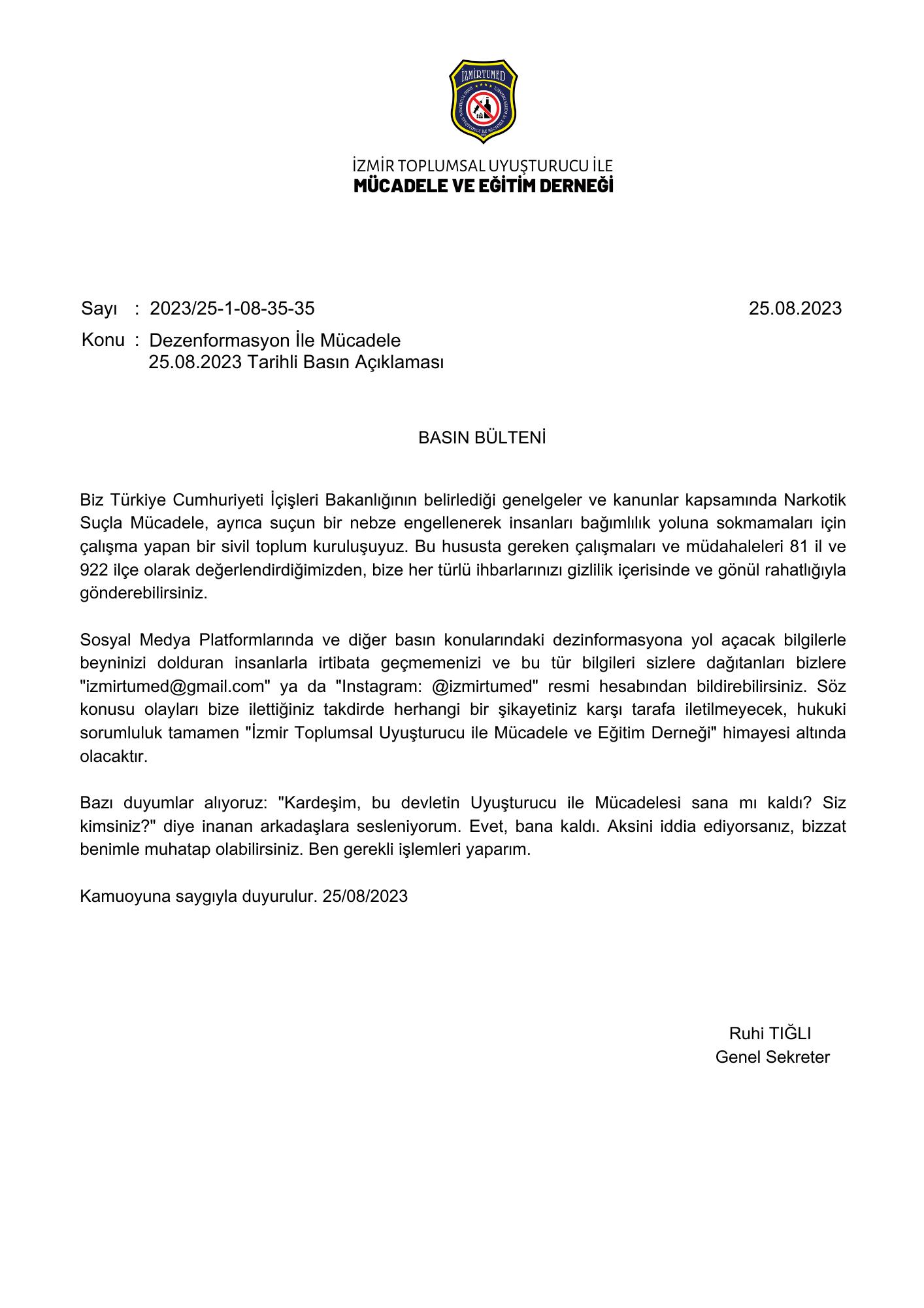 Basın açıklamasına ilişkin 2023/25-1-08-35-35 sayılı yazımız.