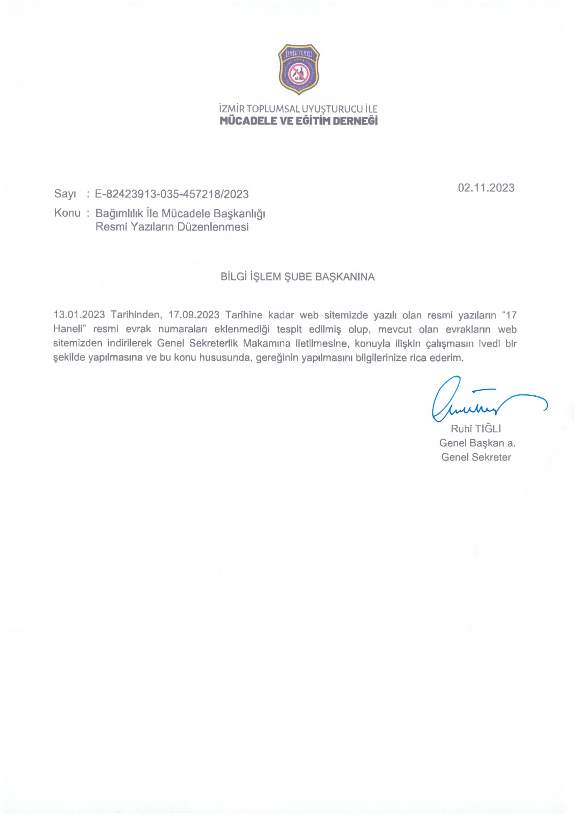 Bağımlılık İle Mücadele Başkanlığı'nın E-82423913-035-457218/2023 Sayılı yazısı.