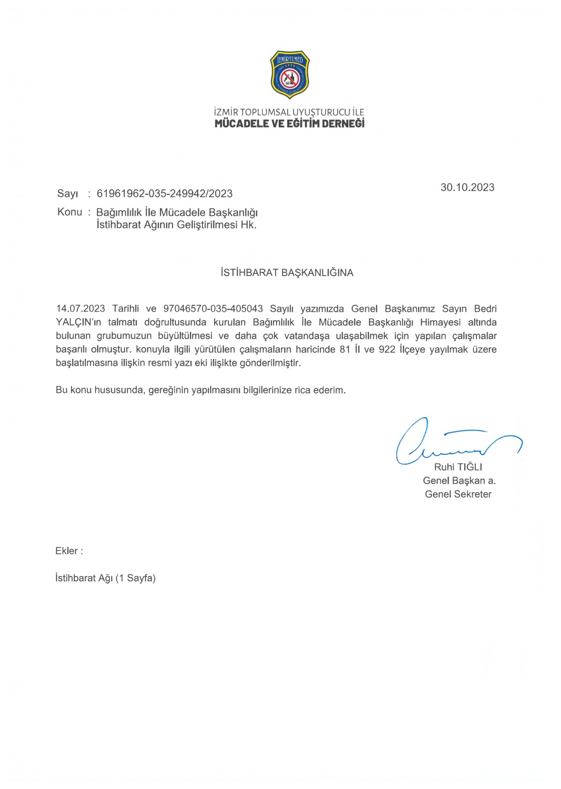 Bağımlılık İle Mücadele Başkanlığı'nın 61961962-035-249942/2023 Sayılı yazısı.