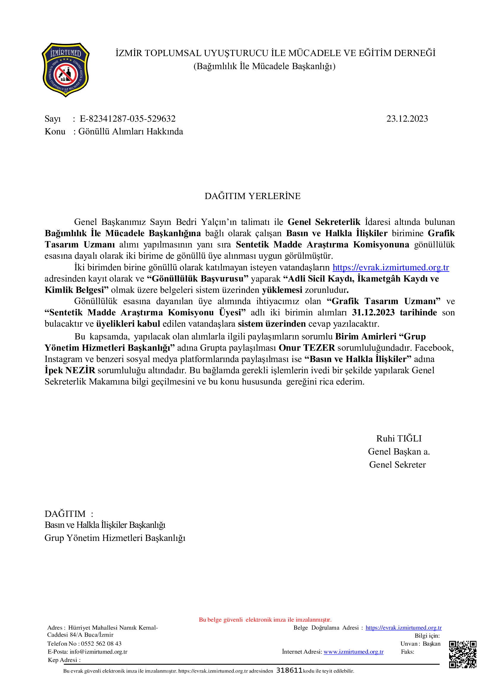 Bağımlılık İle Mücadele Başkanlığı'nın 23.12.2023 Tarihli ve E-82341287-035-529632 Sayılı yazısı.